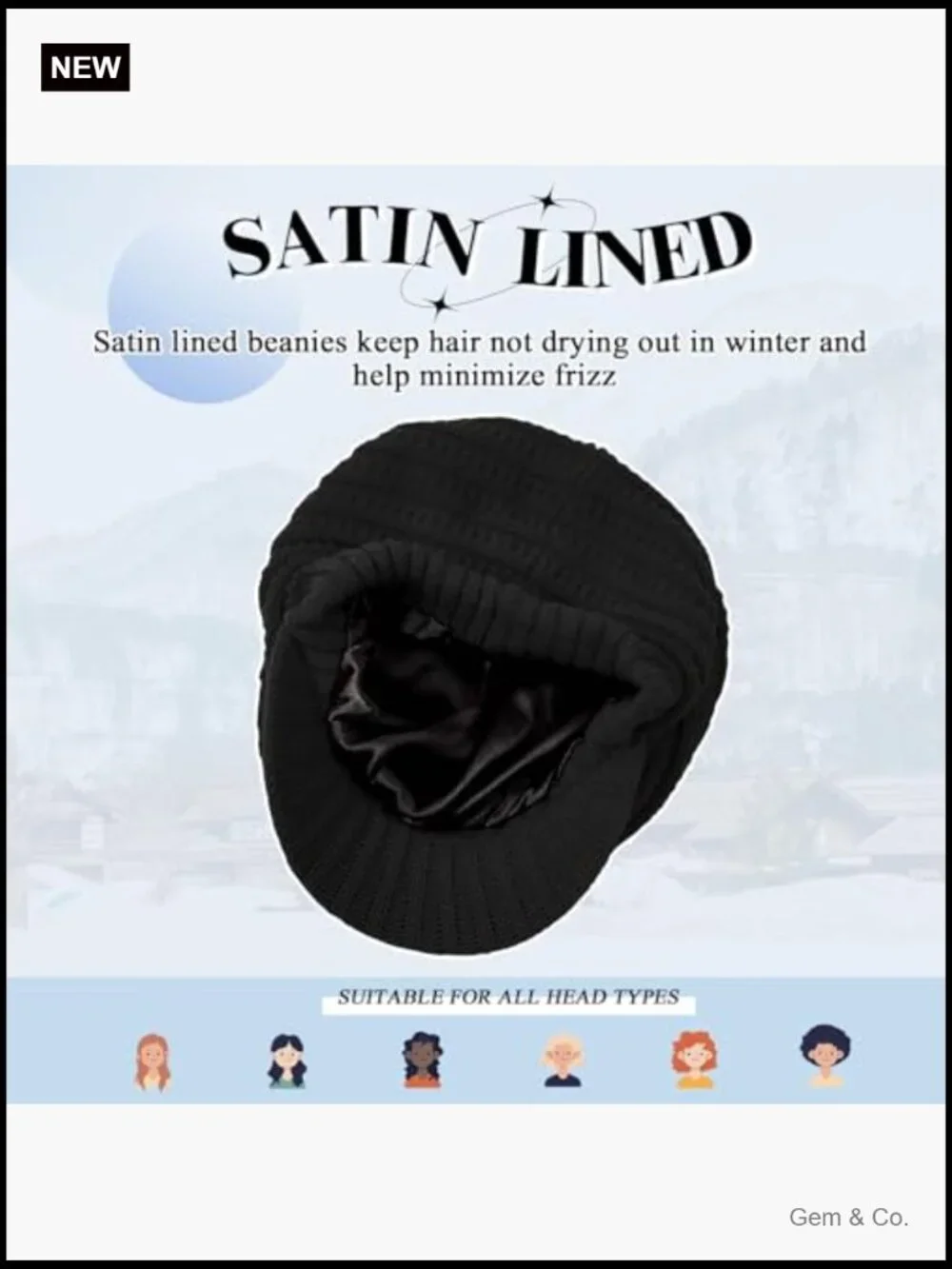 Satin Lined Knit Beanie Hat with Visor Brim Winter Warm Slouchy Newsboy Cap